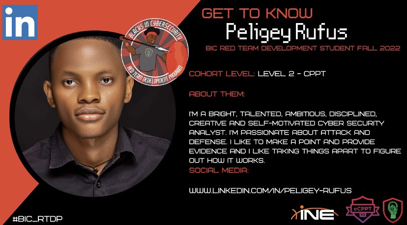 BlackInCyberCo1's tweet photo. Get to know Peligey Rufus of the BIC Red Team Development Program Fall '22 Cohort.
Level 2 is all about prepping for the CPPT w/ student led study sessions!
#BlacksInCyber #BIC_CTF #BICCTF #CaptureTheFlag #APTBLACK #BIC_CLADP #BIC_RTDP #Pentester #EthicalHacking #INE #CPPT https://t.co/Iyp9uXPq4v