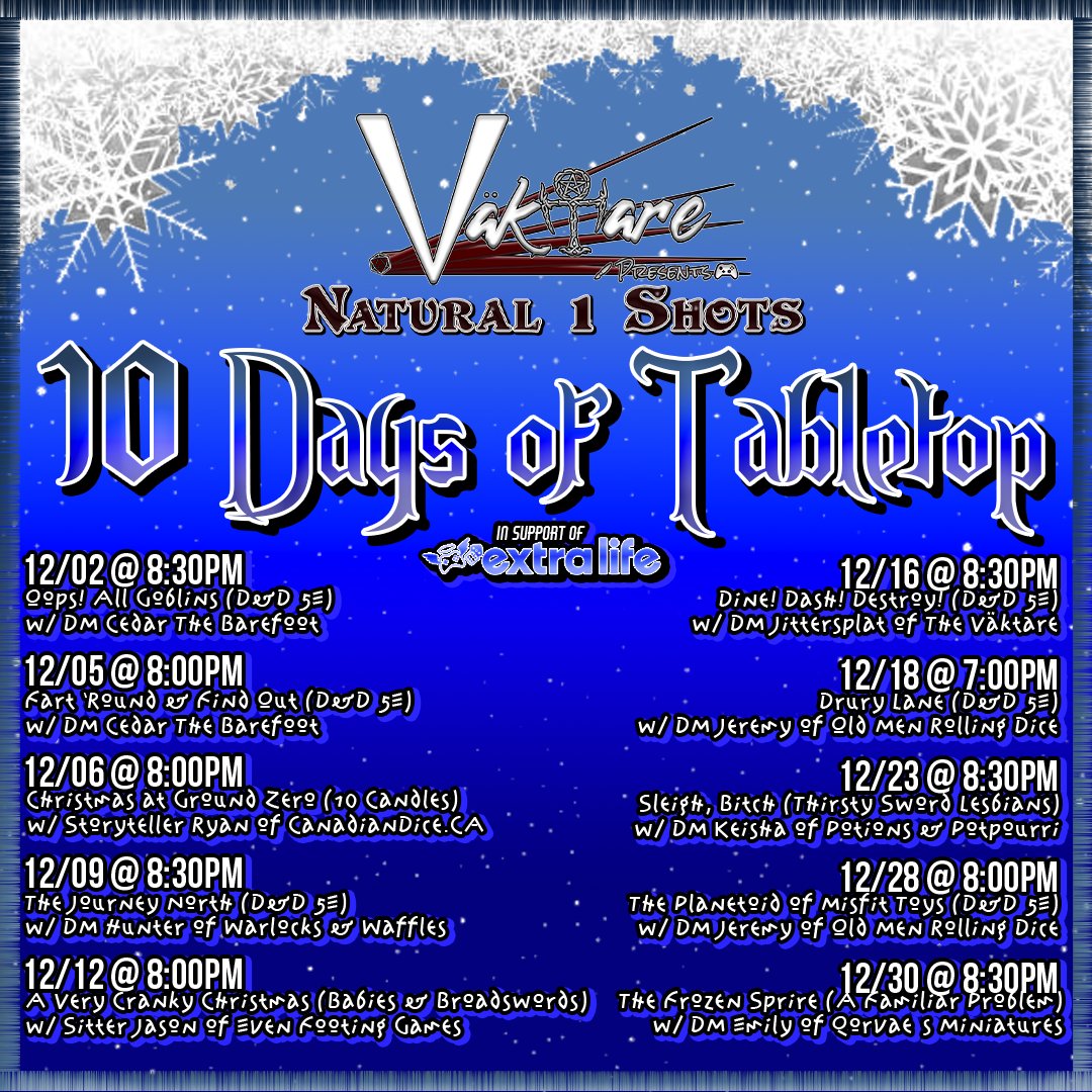 VaktareTTV's tweet photo. Join us for a holiday 1-shot with guest DM @jhall247l - The winter solstice nears and the city intends to celebrate with cheer and a great feast. Strange thefts have been occurring around the city #roleplay #ttrpg #dice #extralife #ExtraLife #guestDM #dungeonsanddragons #homebrew https://t.co/bKTEsvuFCF