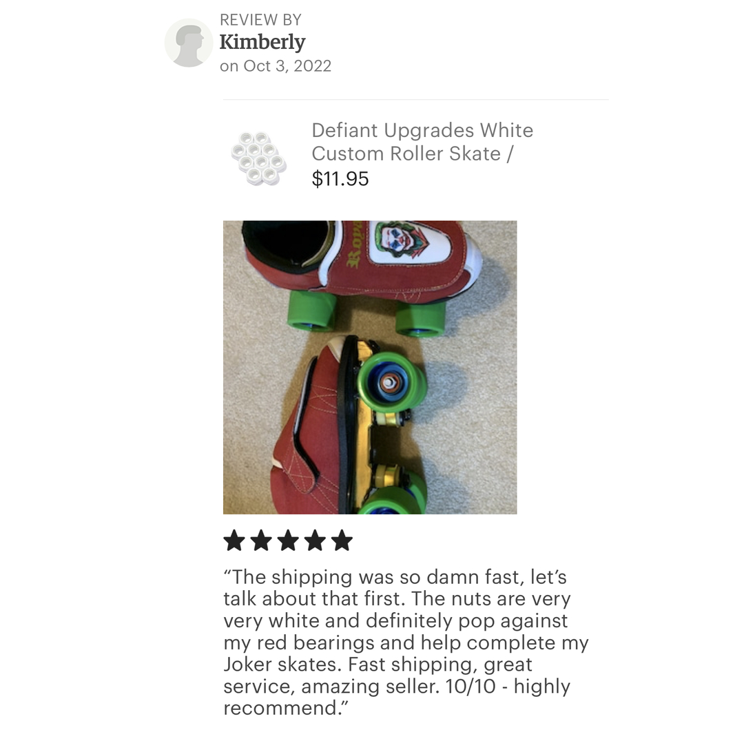 DefiantUpgrades's tweet photo. New friend Kimberly shared this photo and a 5-star review after putting some white Defiant Upgrades custom axle nuts on their Joker skate setup.​​​​​​​​​​​​​​​​
​​​​​​​​​​​​​​​​
Thanks for the support, Kimberly!​� https://t.co/tdx1izv0Ji