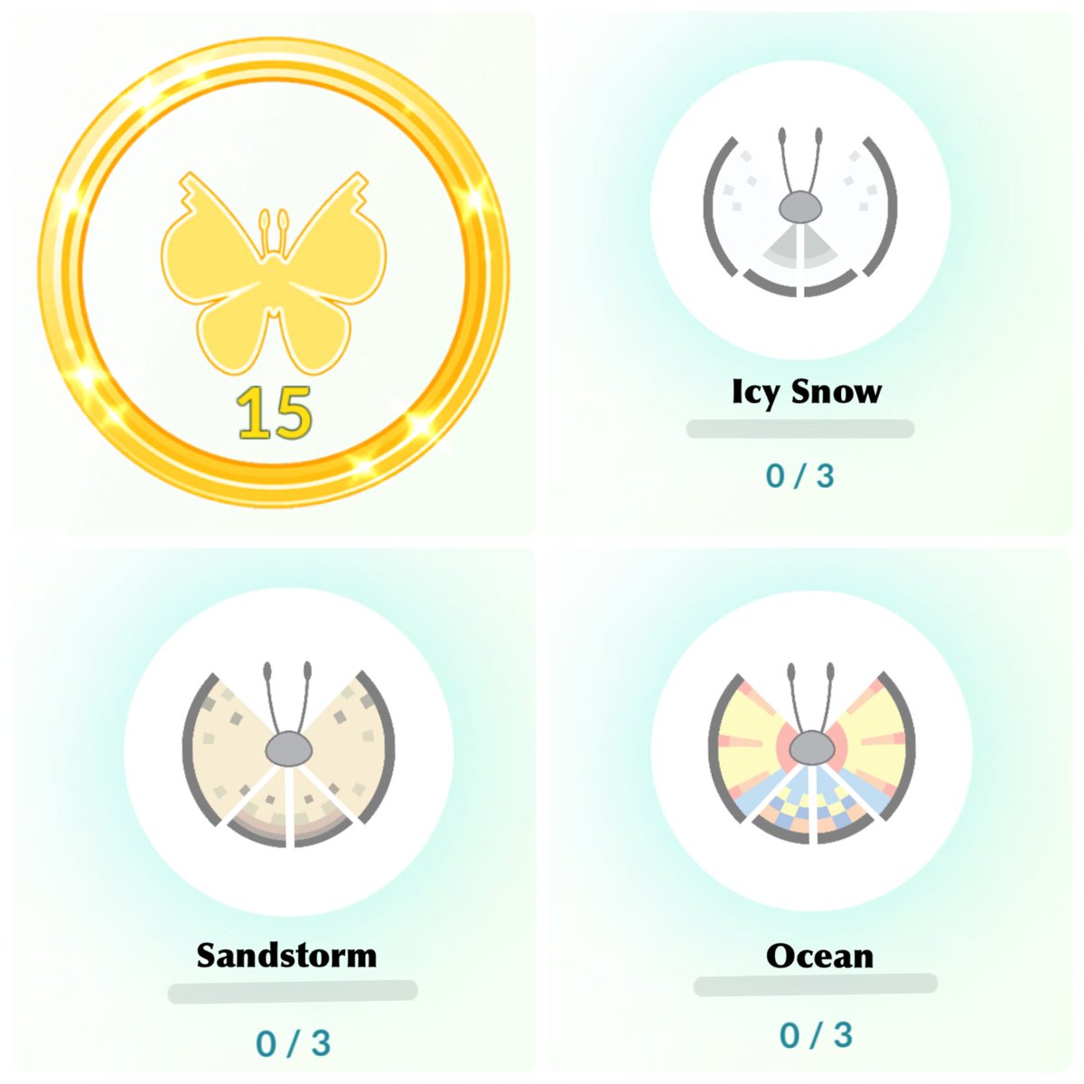 Need only 3 more #Vivillon 🦋 
Me : continental 

ONLY looking for : 
❄️ #icysnow 🐬 #ocean 🌵#sandstorm 

Please leave a comment or send me a DM if you're from one of the missing locations.

❌🇯🇵 please
#vivilloncollector #VivillonCollection #PokemonGO #PokemonGOfriends