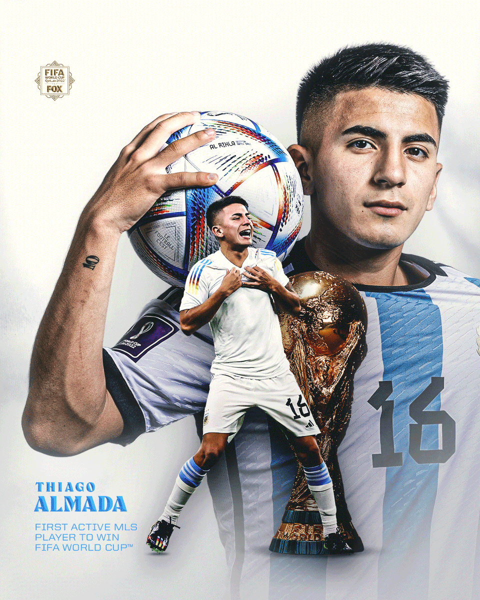 FOXSoccer's tweet image. With today&apos;s win for Argentina, @ATLUTD&apos;s Thiago Almada became the first active @MLS player to win a FIFA World Cup 👏👏