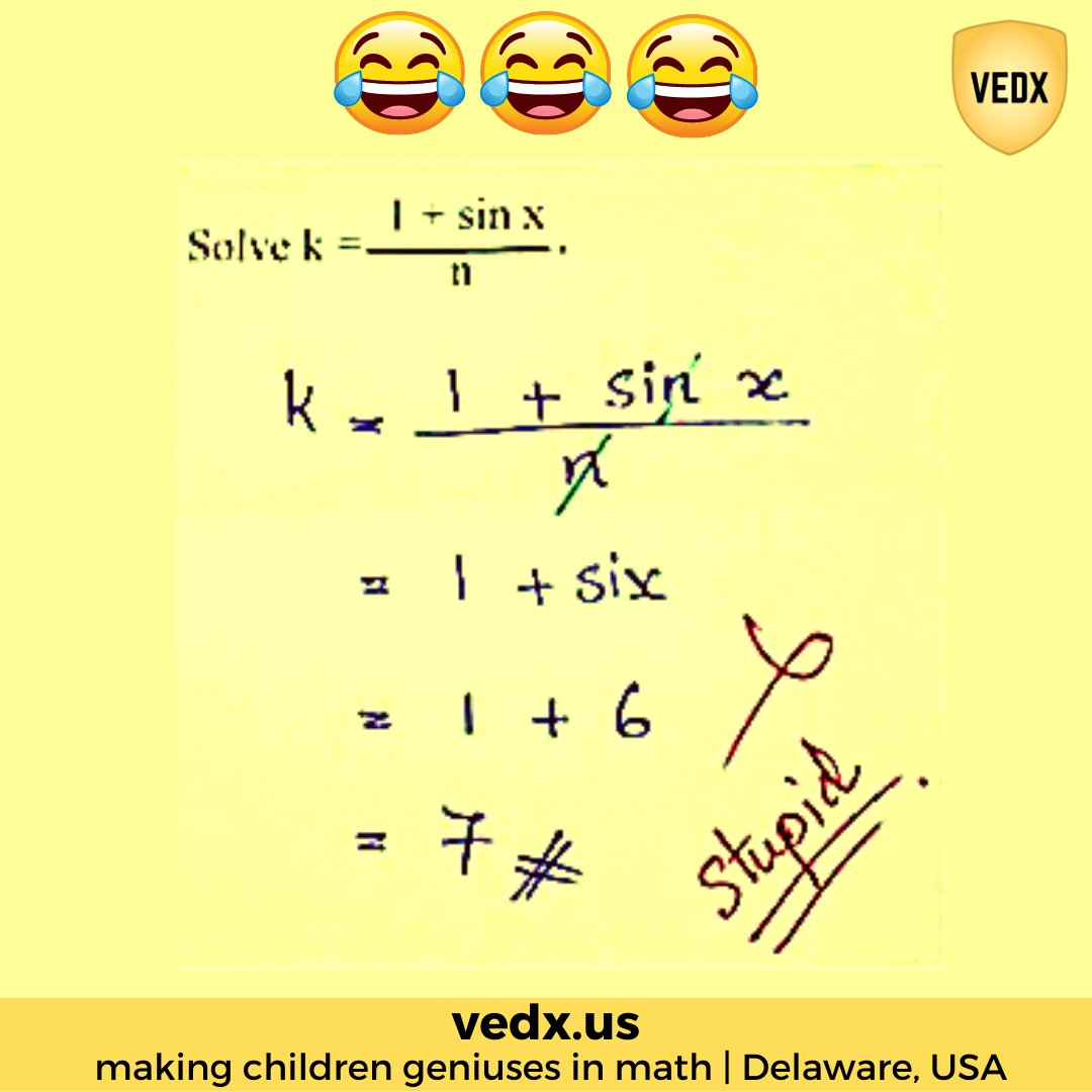 VedProf's tweet photo. LOL 🤣
Best,
Prof Ved
VEDX - Turning children into math geniuses
100k students | 15 countries
Delaware, USA
#mathmeme #mathmemes #educators #mathskills  #funnymemes  #math #maths #matheducation #mathematics #mathematicseducation #geniuschild #children #smartchildren #funnymemes https://t.co/PfgBKK5KkW