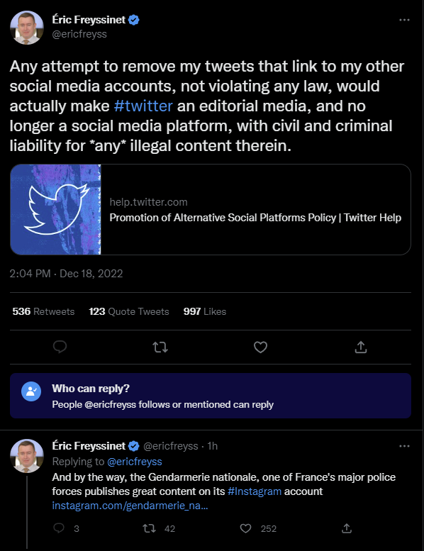 When the French head of their cybercrime division tweets in English, you have definitely messed up.

Seriously think on what it takes for a french public servant to willingly use English.

#twitter #twitterrules #socialmedia #elon #elonmusk #musk #MuskRat #ElonMuskIsAFascist