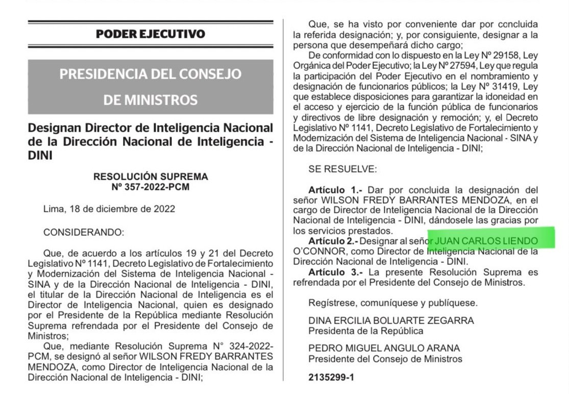 Liberfach0's tweet photo. ⚠️🚨| ¡Excelentes noticias!, Dina Boluarte acaba de designar a Juan Carlos Liendo como nuevo Director de la DINI, con éste jale, el terrorismo narcochavista va a temblar, Dina se hizo una https://t.co/q7bjoOHgxS