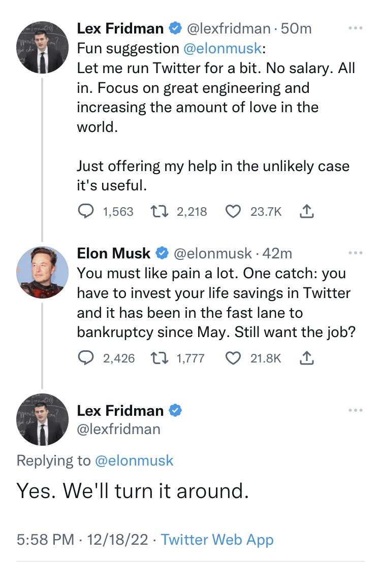 Lex Fridman på LinkedIn: Elon made offer to buy Twitter. I posted this tweet  a few hours before…