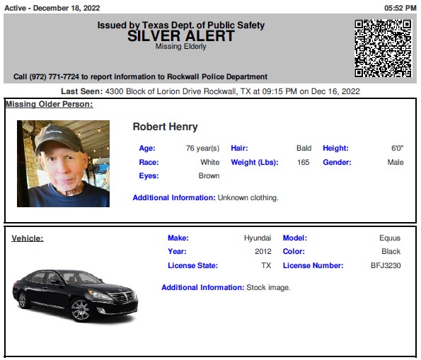 TX_Alerts's tweet image. ACTIVE SILVER ALERT for Robert Henry from Rockwall, TX, on 12/18/2022, TX plate BFJ32330