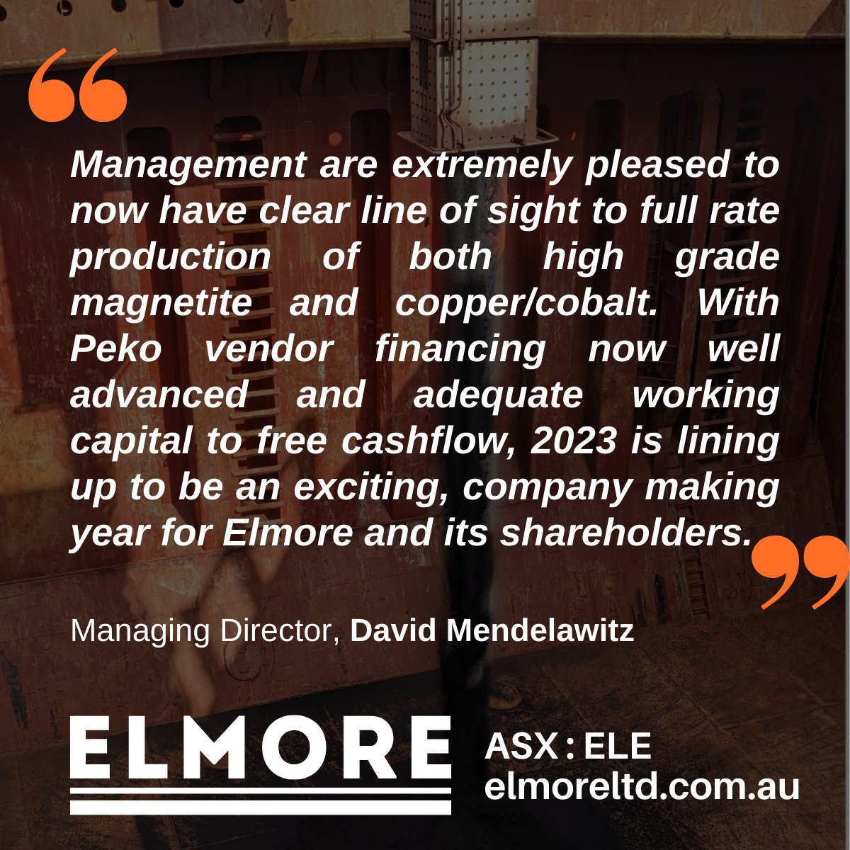 ElmoreLtd's tweet photo. 📣ASX Announcement - Market Update and Equity Placement to raise $3.92m

✅ Magnetite production ramp-up on track to achieve steady state of production of ~350k tonnes pa
✅ Successfully completed placement

$ELE #Peko

See full announcement 👉🔗https://t.co/gkMvBrMLnb https://t.co/qxcCYTRQJK