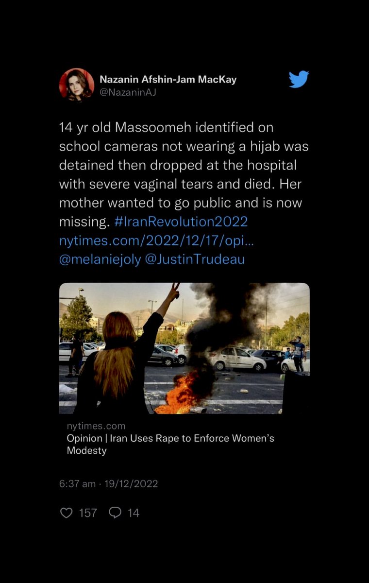 Zgolaleh's tweet photo. 14 yo #Masoomeh was rapped by this sick murderer regime!! She passed away in the hospital because of severe vaginal tears. ⁦@UNHumanRights⁩ ⁦@JustinTrudeau⁩ ⁦@UNICEF⁩ #OpIran https://t.co/xgEzjnD1Nu