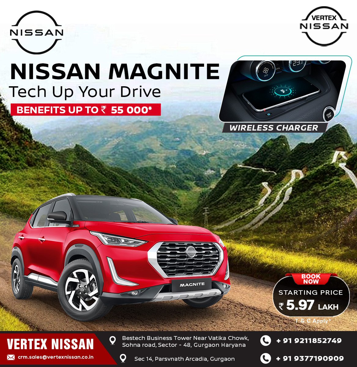 VertexNissan's tweet photo. Experience convenience, control &amp; connectivity.
Owing to Nissan’s legacy of tech ingenuity, the #NissanMagnite comes packed with innovative technologies. 
• Smartwatch Connectivity
• Wireless Charger
• 7" Drive assist 
.
.
👉 Book yours now &amp; Avail benefits upto ₹ 55,000* https://t.co/KUKy8sJuE4