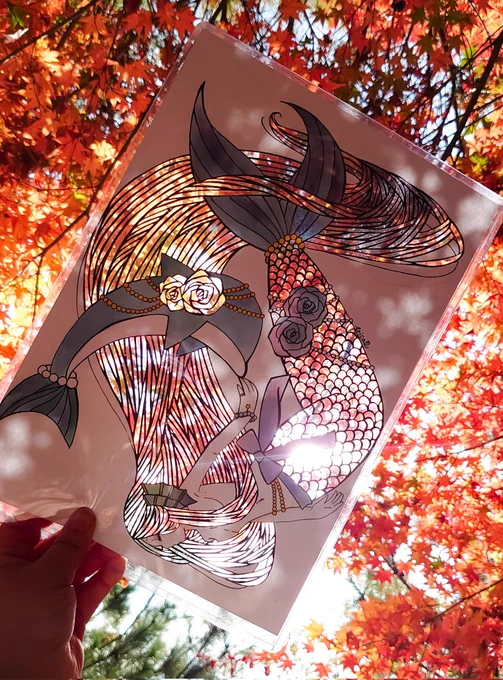 #アナログ絵 1枚の画用紙に絵を描いて切抜き、景色と重ねた人魚姫。色は万年筆用インクを使用してます 
