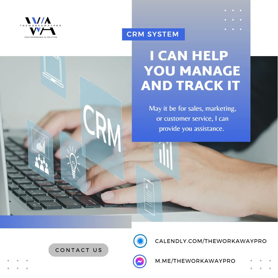 theworkawaypro's tweet photo. "I can help 💁 you manage 🤵and track your CRM system. 

May it be for sales, marketing, or customer service, name it, 🕴 I can provide you assistance. 🤵 I have the necessary skills and training for those." 

"Reach us for more! https://t.co/CE1gvtvgAJ
 #twap #twapva https://t.co/oKHJ8yQjHM