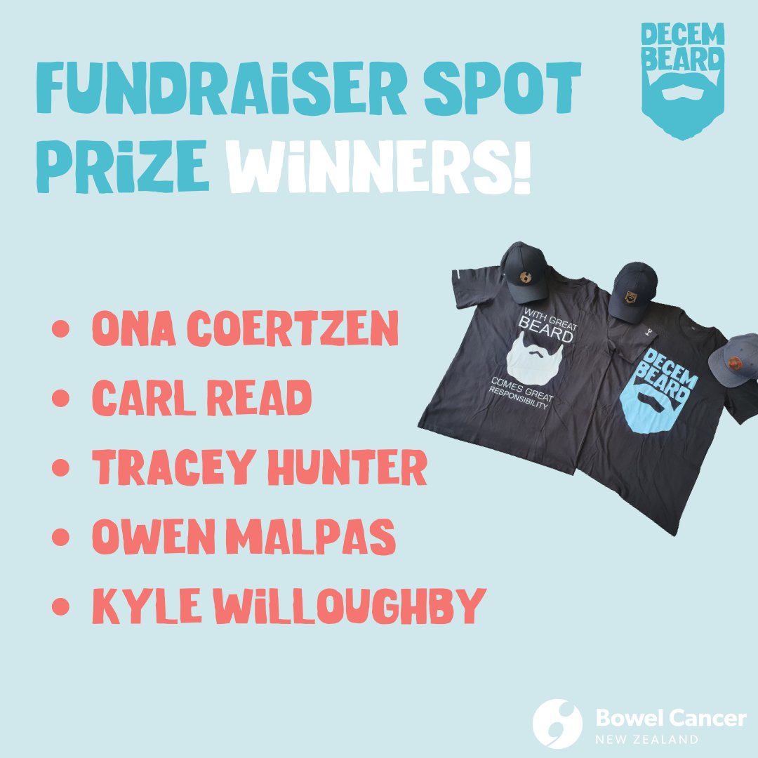 💥 Drumroll please.... random spot prize draw from our #decembeard fundraisers... the following have all won either a cap from the amazing Mntn_NZ or t-shirt from the fabulous Cool Tees NZ!
Ona, Carl, Tracey, Owen &amp; Kyle - congrats! 👏💙