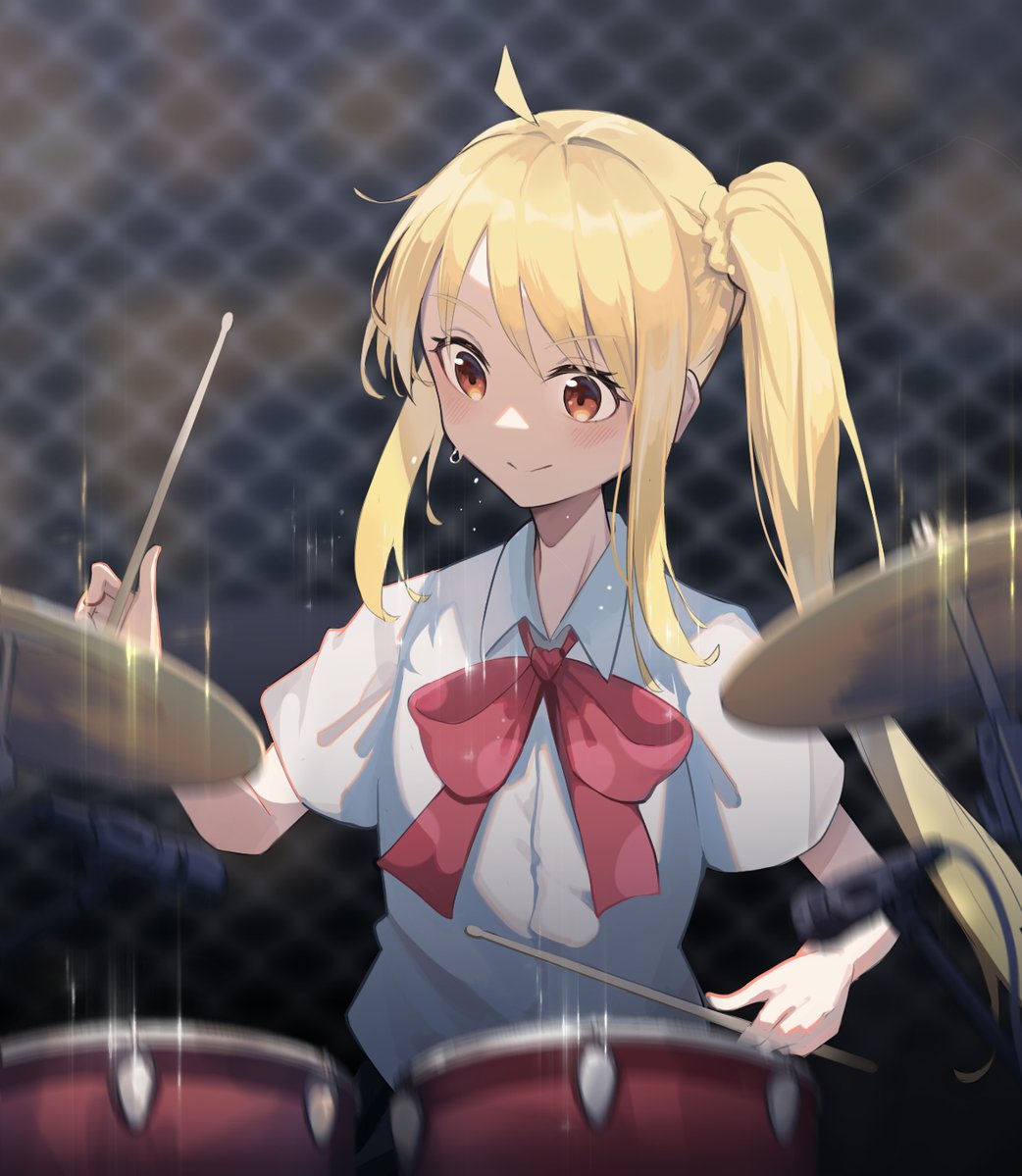 ijichi nijika 1girl drum drumsticks drum set blonde hair instrument solo  illustration images