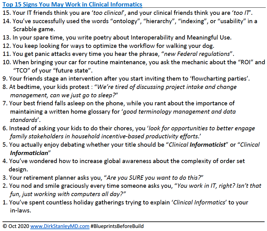 dirkstanley's tweet photo. DirkMD - #CMIO Perspective: Top 15 Signs You May Work in Clinical #Informatics https://t.co/9rRdpwLLab 
#CNIO #CNO #CMO #CIO #hcldr #FOAMed #SoMeDocs #hcreform #workflow #design #BlueprintsBeforeBuild https://t.co/J3TCrbrb2z