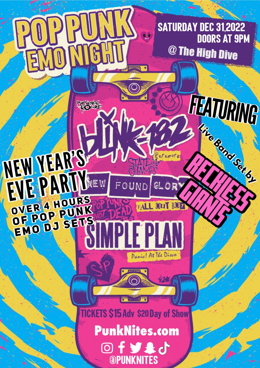 HighDiveGville's tweet image. 2 WEEKS AWAY! NEW YEAR'S EVE @PunkNites Pop Punk Emo Night SATURDAY 12/31 at High Dive! Awesome DJ sets and also Live music from Florida's hottest Pop Punk Band @RecklessGiants! PLUS FREE Champagne at Midnight!

Get your tickets EARLY  and save some $$$ at HighDiveGainesville.com