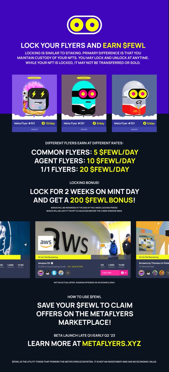 Metaflyers's tweet image. The team is excited to share that locking your Metaflyer will be live on mint day! This was a huge effort to get done in time! Locking is how you produce $FEWL, the utility token required for the rewards marketplace. Huge bonus for a  2-week lock. #Maxlock