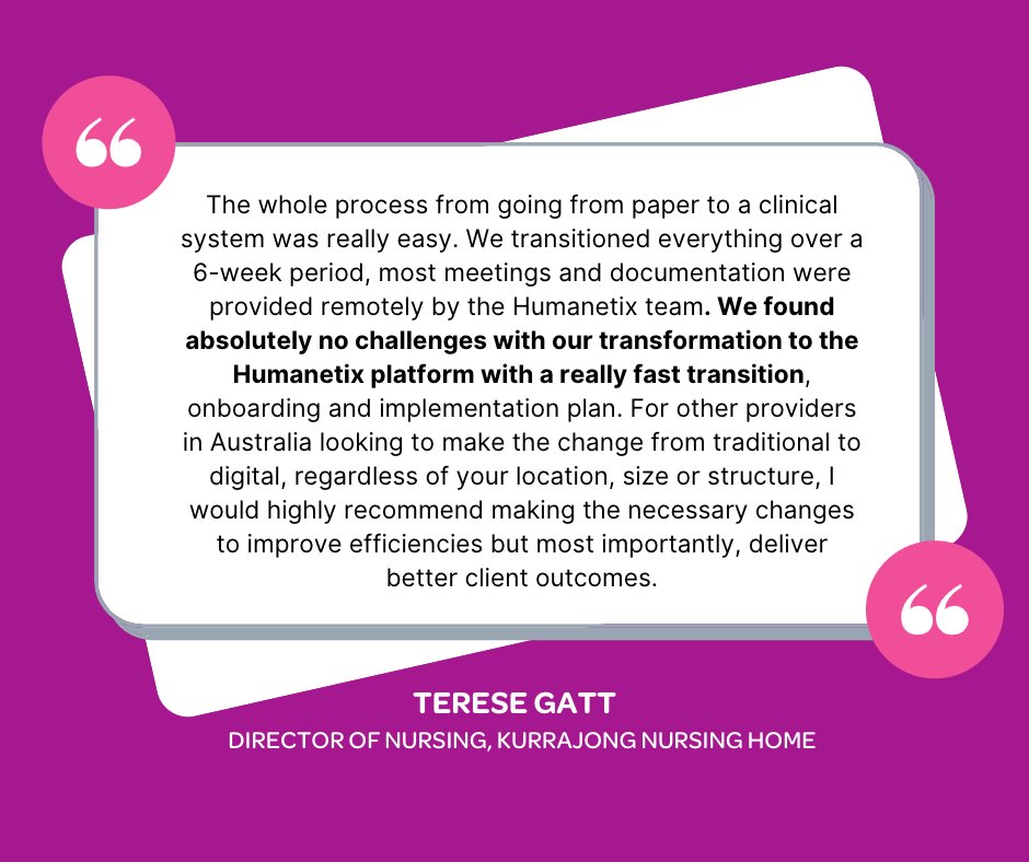 Humanetix_Sys's tweet photo. #ClientMilestone Thanks to Director of Nursing Terese Gatt for recommending us and sharing their team’s transition journey in just 6 weeks.

Speak to one of our customer consultants at 1300 727 048 or book a free demo: https://t.co/8d9ICsZ0Og https://t.co/V0PbTwbS7S