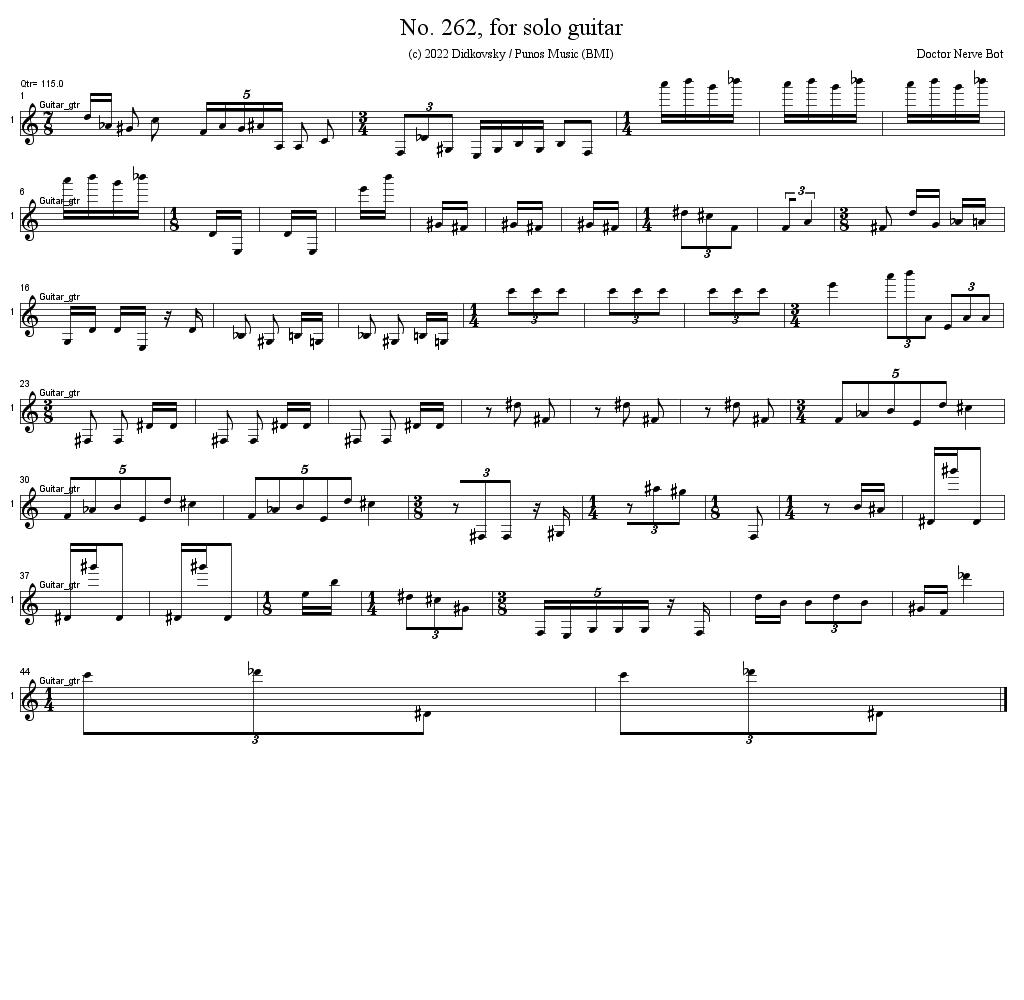 BotNerve's tweet photo. No. 262, for solo guitar, page 1/1, (c) 2022 Didkovsky / Punos Music (BMI). Created 2022-12-18_20:32:22 by @DoctorNerve and @BotNerve #JMSL #ArtificialIntelligence #ProcessMusic #LeonardIsaacson https://t.co/6NHyT29BHd