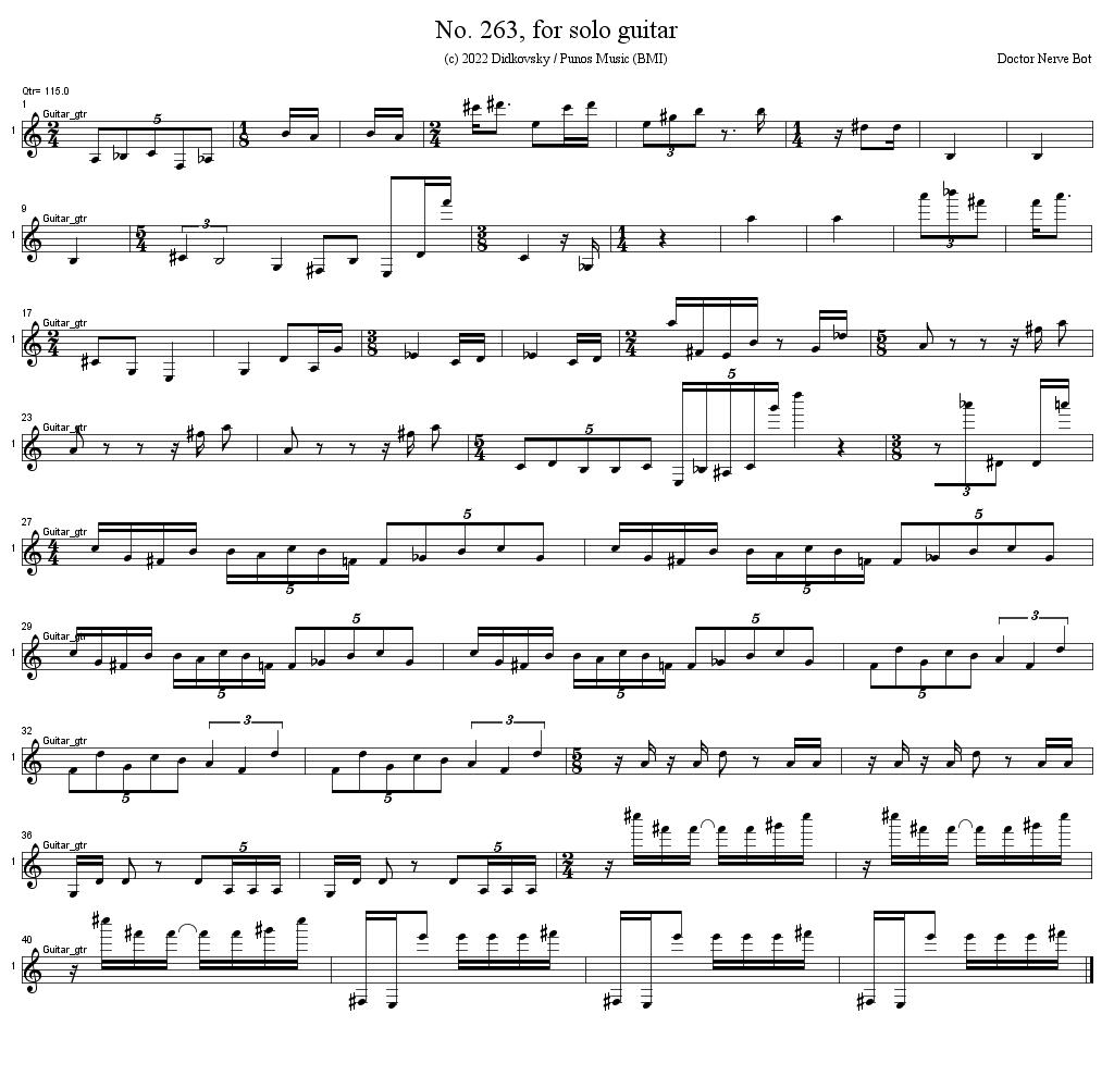 BotNerve's tweet photo. No. 263, for solo guitar, page 1/1, (c) 2022 Didkovsky / Punos Music (BMI). Created 2022-12-18_20:32:30 by @DoctorNerve and @BotNerve #ComputerGeneratedComposition #ComputerAssistedComposition #AlgomusicDotCom #MusicBot https://t.co/ziqkq54Jmi