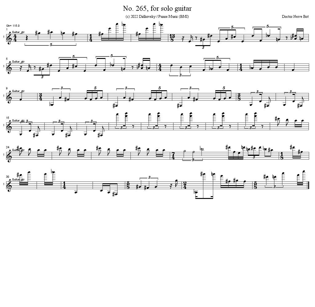 BotNerve's tweet photo. No. 265, for solo guitar, page 1/1, (c) 2022 Didkovsky / Punos Music (BMI). Created 2022-12-18_20:32:45 by @DoctorNerve and @BotNerve #IlliacSuite #ComputerGeneratedMusic #AlgorithmicComposition #StochasticMusic https://t.co/vX3ucOtENl
