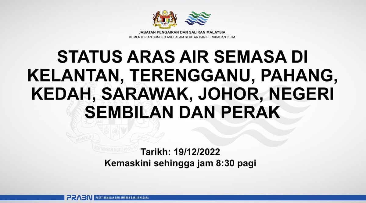 jps_malaysia's tweet photo. STATUS ARAS AIR SEMASA DI KELANTAN, TERENGGANU, PAHANG, KEDAH, SARAWAK, JOHOR, NEGERI SEMBILAN DAN PERAK

Tarikh: 19/12/2022
Kemaskini sehingga jam 8:30 pagi https://t.co/uzqRT7kVCR