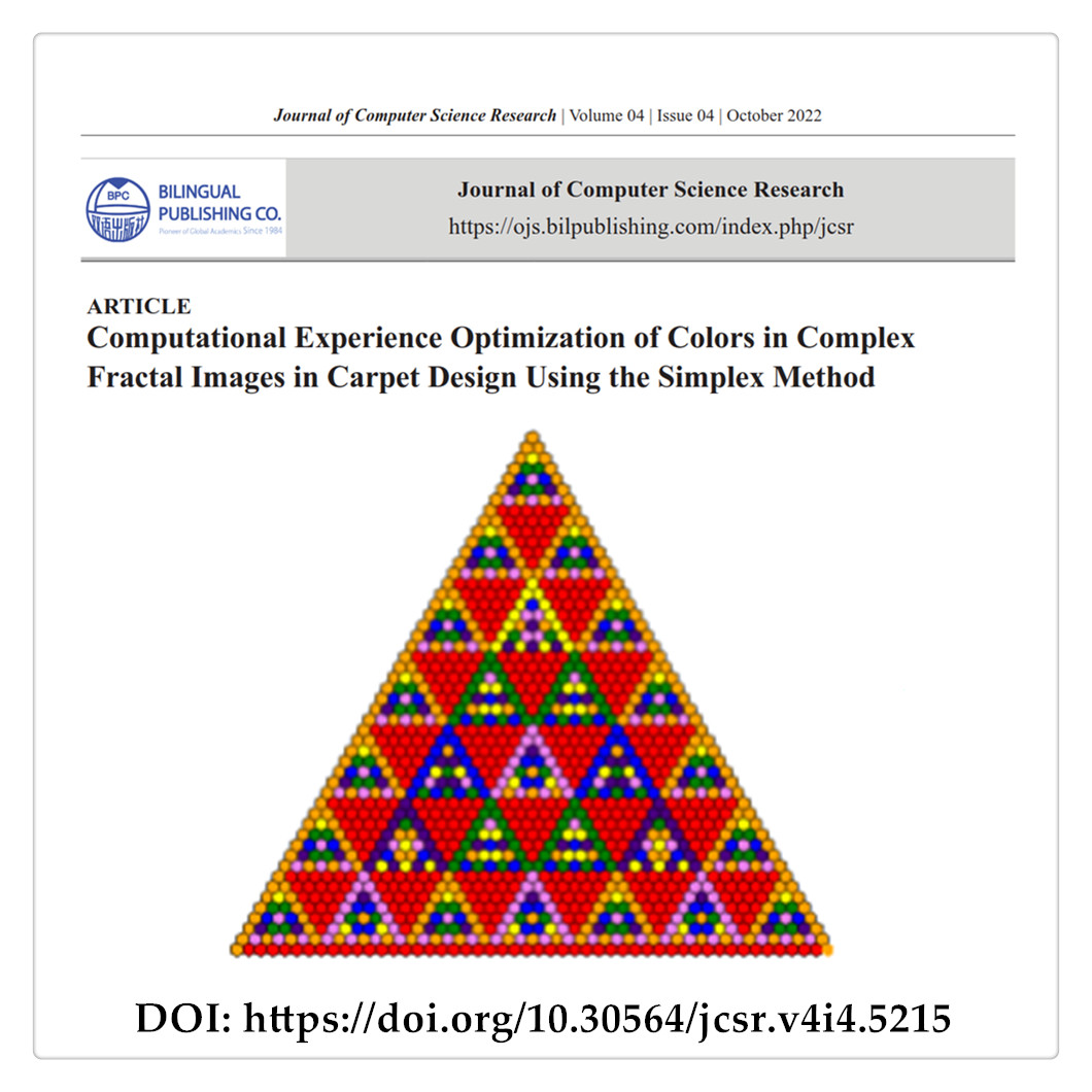 bilingual_pub's tweet image. Сomputational Experience Optimization of Colors in Complex Fractal Images in Carpet Design Using the Simplex Method
#Fractal #Optimizationmethods #Simplexmethod #Geometrictransformations #Computergraphics #Pascaltriangle
DOI: doi.org/10.30564/jcsr.…