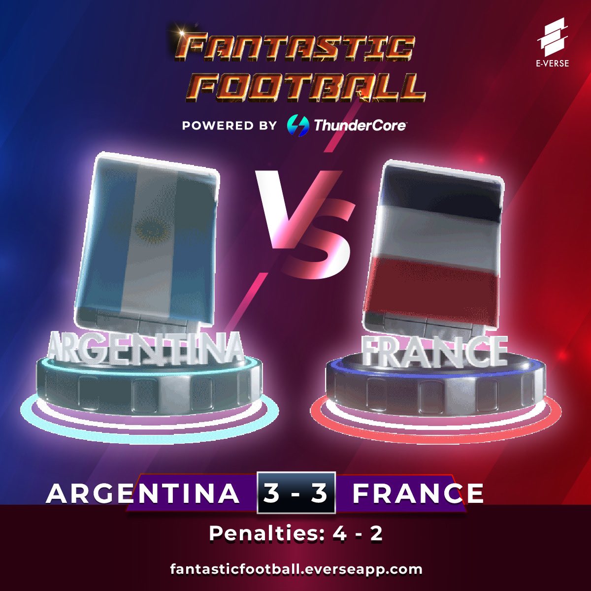 Argentina has won the World Cup! 🏆
If you were holding Argentina NFT you are one of the few who are in the FINAL draw for the 300,000 TTs.

An announcement for one lucky winner is coming next. 

#FantasticFootball #EVERSEAPP #NFTpoweredbyThunderCore #NFT #FIFAWorldCup