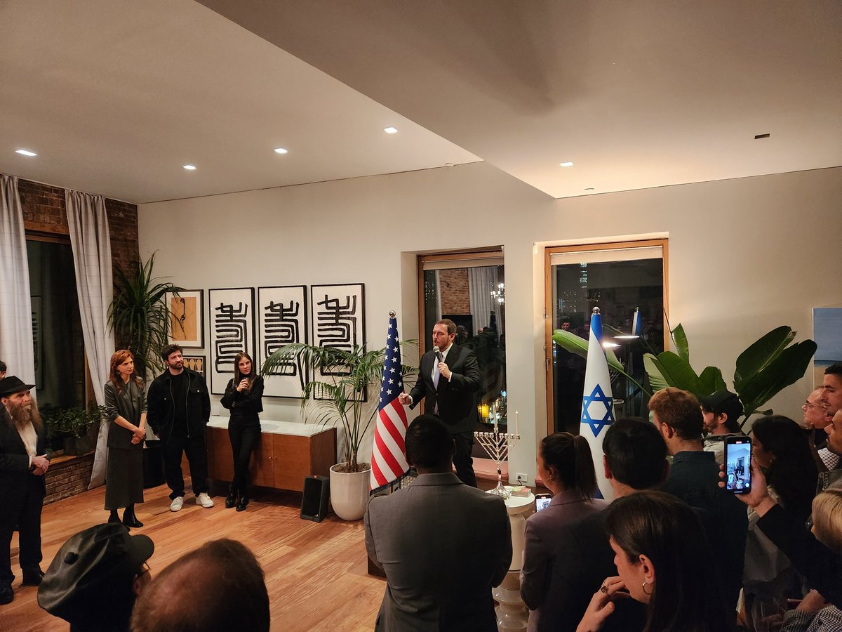 ChabadHouseNJ's tweet photo. Celebrating first night of #Chanukah at the home of @AmbAsafZamir with @NYCMayor  @RepRitchie. The Mayor highlighted his special relationship with his Senior Advisor @joeleisdorfer. https://t.co/bOfLRpZUqR