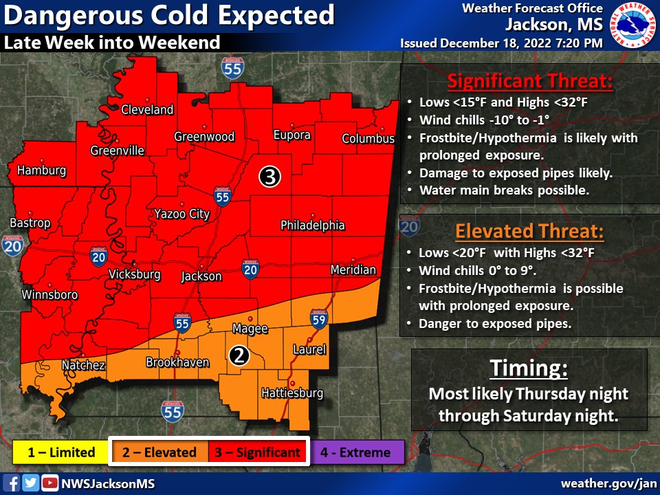 NWSJacksonMS's tweet image. A period of dangerously cold weather is expected from Thursday night through Saturday night for our forecast area. Low temperatures will likely range from the single digits north to teens south, and highs will be near or below freezing.