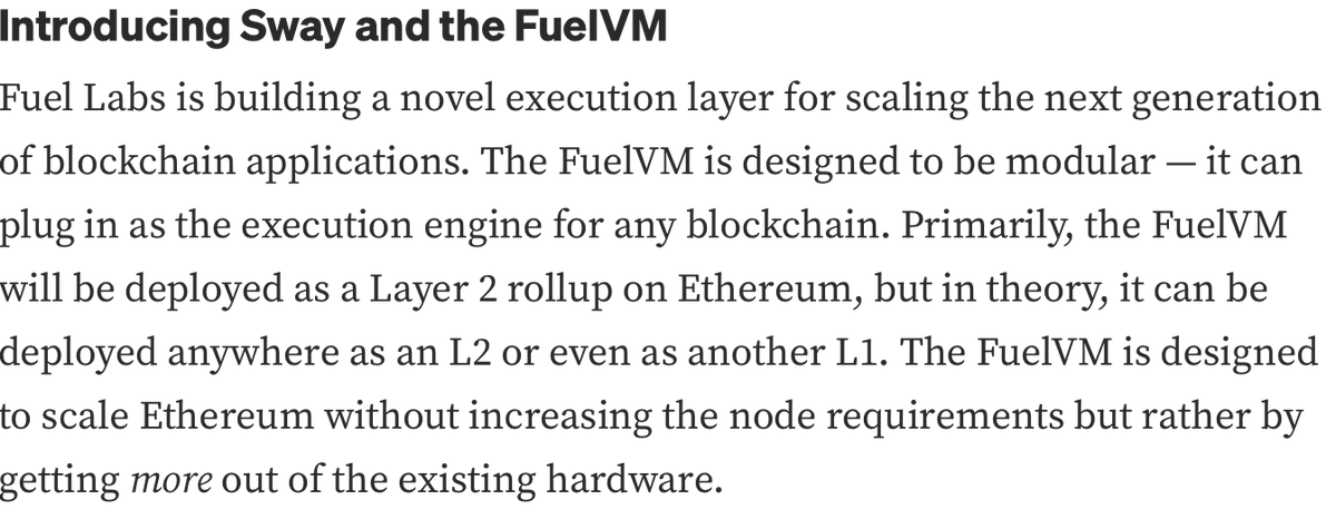 0x0bito's tweet photo. @jadler0 when you say FuelVM can be plugged into any L1, how readily pluggable is this to L1s like Ethereum or a Polkadot parachain? 

Don't you have to rewrite parts of the VM to align with the L1 settlement layer rules, especially if they use Account-Balance style and not UTXO? https://t.co/YkkqHlS1XN
