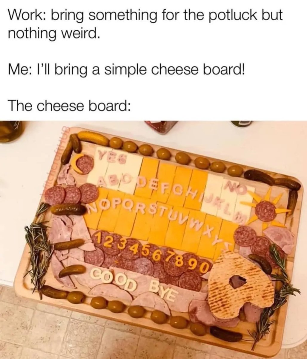 WHAAAAAAT?!  This IS simple!  🤷🏼‍♀️. You should see my ORNATE charcuterie boards!  😈💀😆  I've been practicing every Christmas/Yule! 
#simple #ornate #charcuterie #christmas #christmastime #yule #cheeseboard #potluck #ouija #planchette #party #psychic #medium #witchesoftwitter