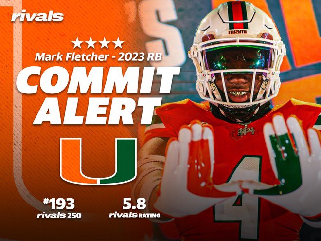 The final recruiting wave in 2023 continues with the addition of ELITE four-star RB Mark Fletcher, who commits over Florida 

Miami now has two top 15 RBs &amp; continues to push to secure a top three class in Cristobal’s first year

miami.rivals.com/news/four-star…

<a href="/canes_county/">CanesCounty.com</a> | <a href="/Rivals/">Rivals</a>