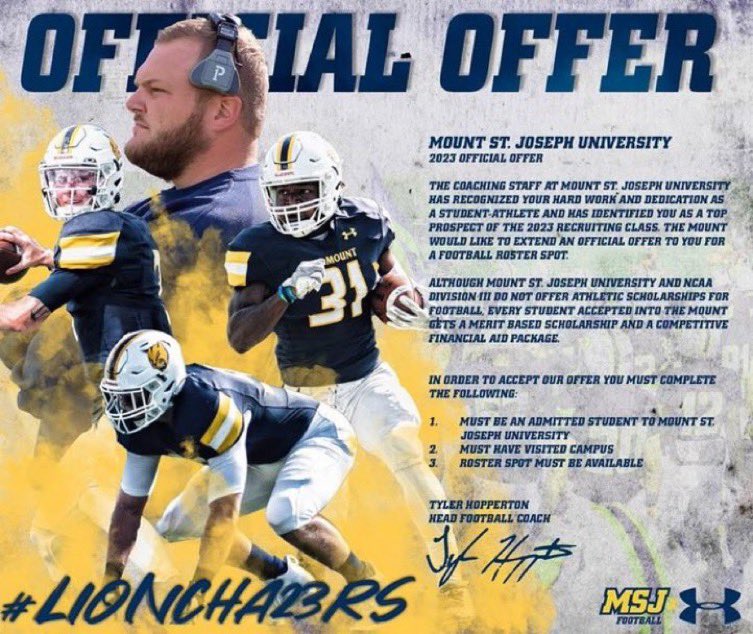 After a great discussion with <a href="/CoachHopperton/">Coach Hopperton</a> I’m grateful to have received an opportunity to play at Mount St Joseph University next year.   <a href="/Coach_DHughes/">Darold Hughes</a> <a href="/MSJ_Athletics/">Mount St. Joseph University Athletics</a> <a href="/MSJ_FB/">Mount St. Joseph Football</a>