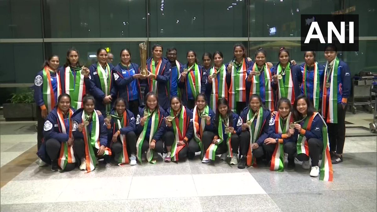 ANI's tweet photo. Delhi | Indian Women's Hockey team returned to India triumphant earlier this morning after winning the #FIHNationsCup. With the win, the team has also qualified for the FIH Pro League for 2023-2024. https://t.co/hzpfsYjjJK