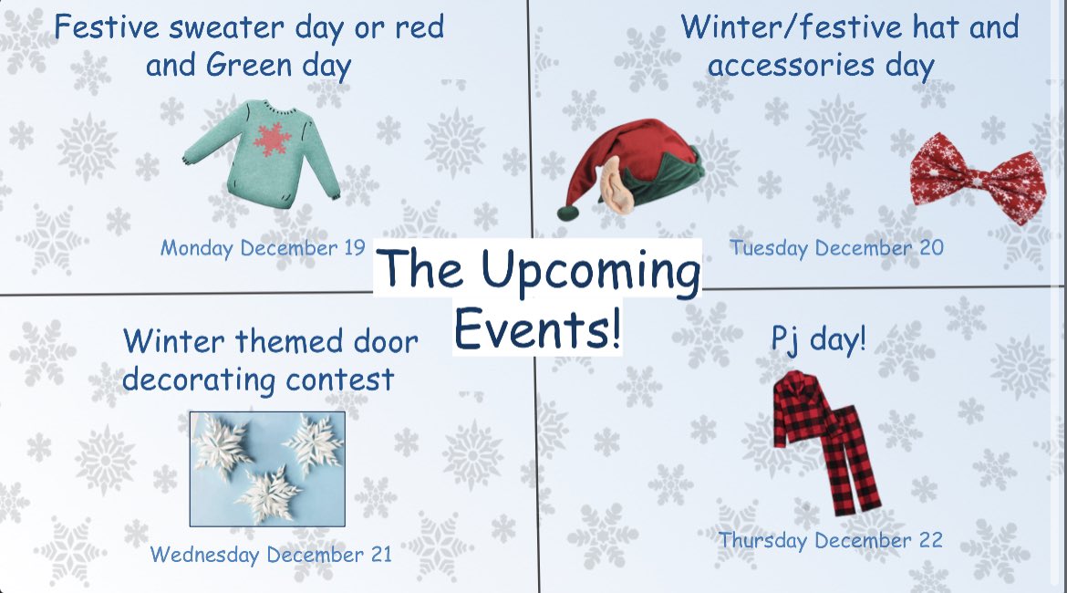 Hey EVP! Here’s a reminder of the events coming up for our last week of school before the winter break! ❄️☃️