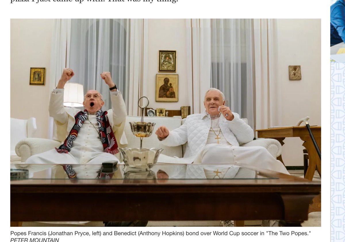 TheRightGhose's tweet photo. After #Argentina victory I remembered this scene from the movie #TwoPopes - of Pope Francis and Pope Benedict XVI watching soccer. But this report indicates @Pontifex did not watch the #FIFAWorldCupFinal because of a promise he had made to Virgin Mary. https://t.co/kWqFCn9XSO https://t.co/oamk1ClWPd