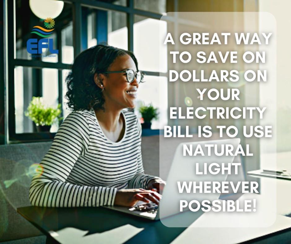 A great way to save money on your electricity bill is to use natural light and airflow wherever possible! Natural lighting provides other advantages, in addition, to cost savings, such as: ✔️Improving sleep ✔️Increasing productivity ✔️Improving mood ✔️Decreasing eye strain