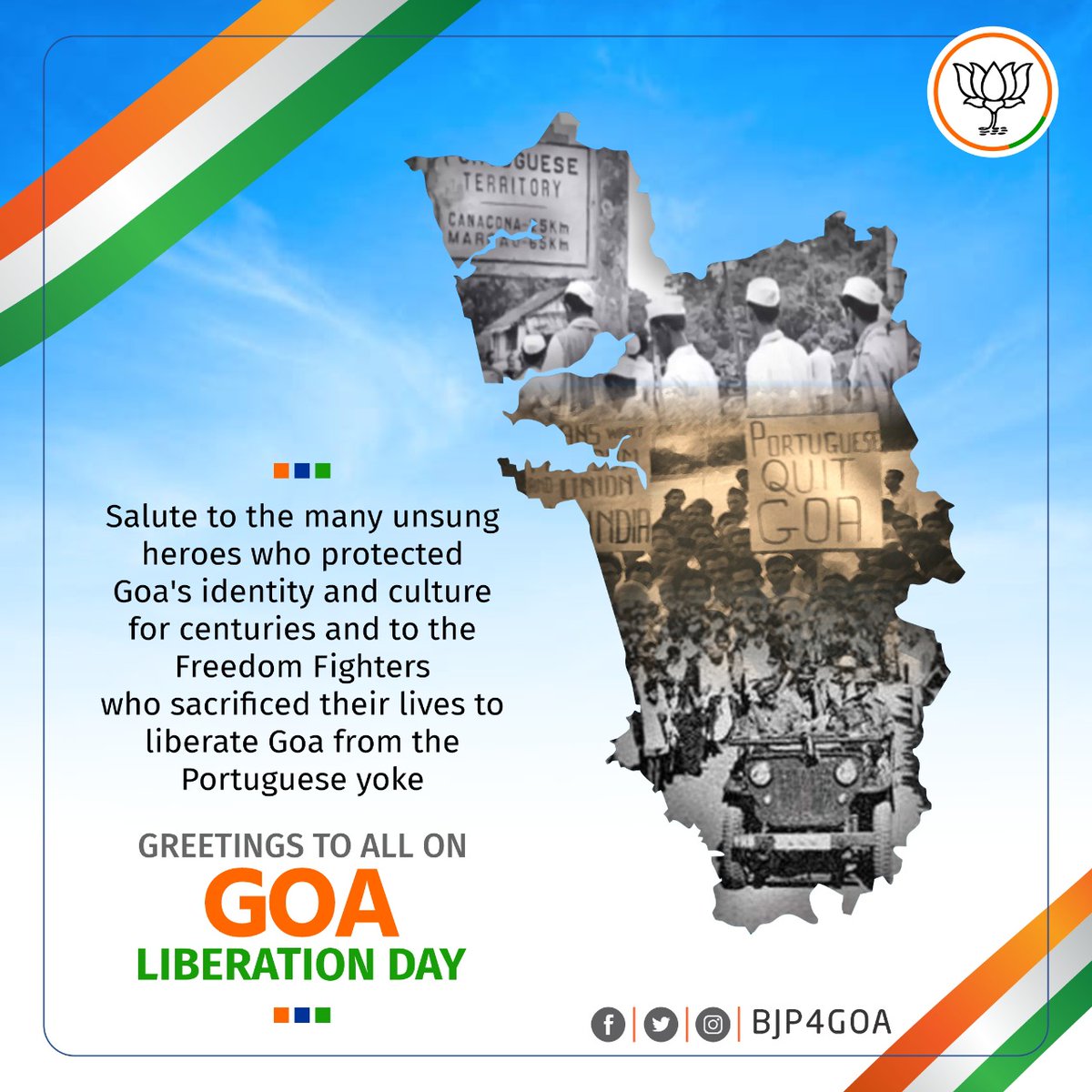 goa4bjp's tweet photo. Liberation from the unjust Portuguese rule is a golden chapter in Goa's history. Salutations to the Freedom Fighters sacrificed their lives to achieve it. May #Goa always be blessed with peace and prosperity.  
Greetings to all on #GoaLiberationDay. https://t.co/apFtOdFrZP