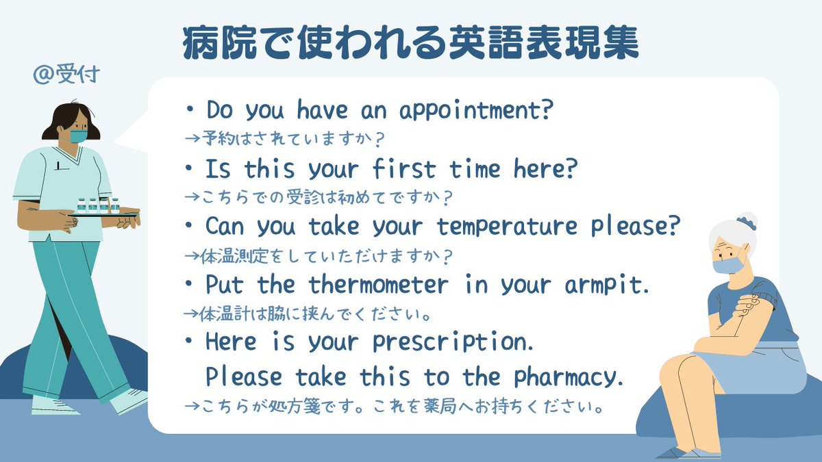 NeworldEnglish's tweet photo. 本日も１日お疲れ様でしたにゃ🐈

今日は、病院で使える英語表現をまとめてみたにゃ🐱
病院で英語対応をされたことがある方も多いようだったので、少しでも参考になったら嬉しいにゃ。

ちなみにこれらは、看護師向けコースで学習できる表現だにゃ🐈‍⬛
#オンライン英会話　#英語学習 https://t.co/p997K0ndHM