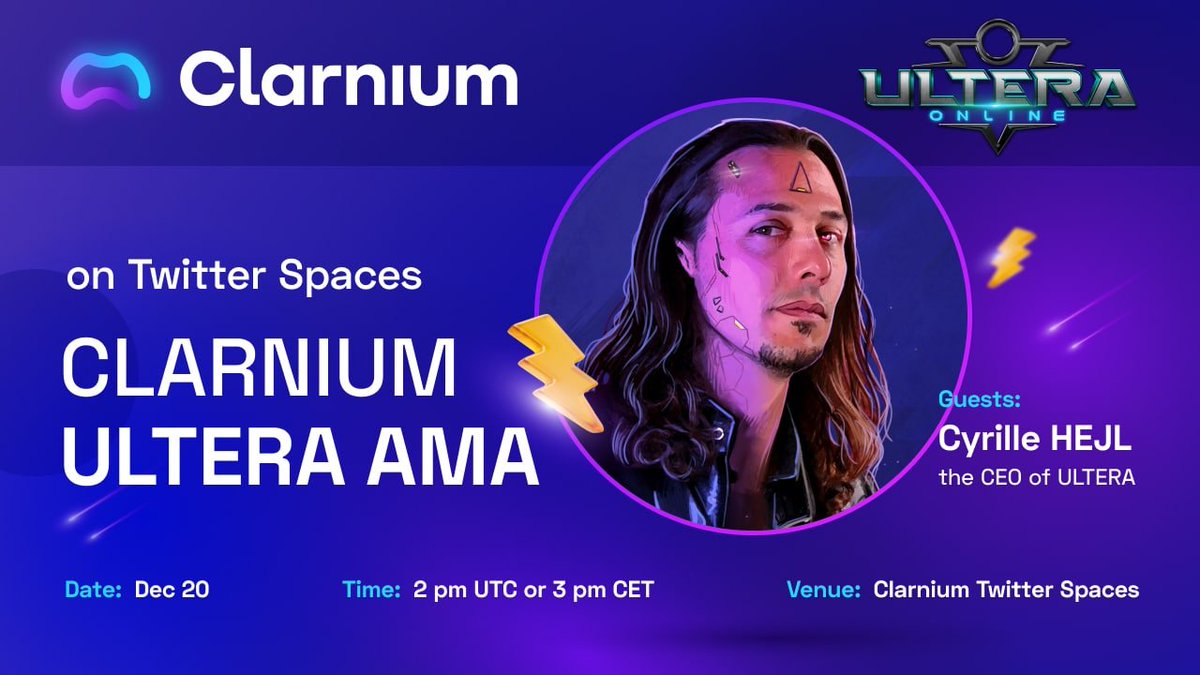 🔥CLARNIUM, ASSEMBLE🔥

<a href="/clarnium_io/">Clarnium.io</a> announces its joint AMA session with our friends from <a href="/ULTERAonline/">ULTERA online</a>!

⏰ When? Tuesday, December 20th at 15:00 CET 
📌 Where?x.com/i/spaces/1Mnxn…
🎁 Awards? $100