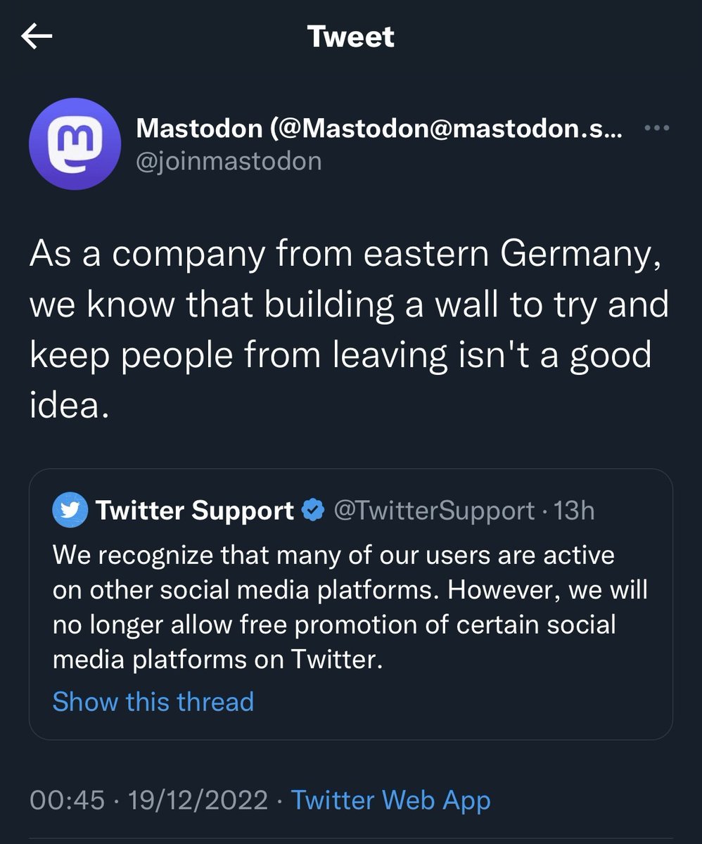 After being reinstated from a ban, this reply is priceless #TwitterMeltdown #Mastodon #WhyHaveYouNotMovedAlready