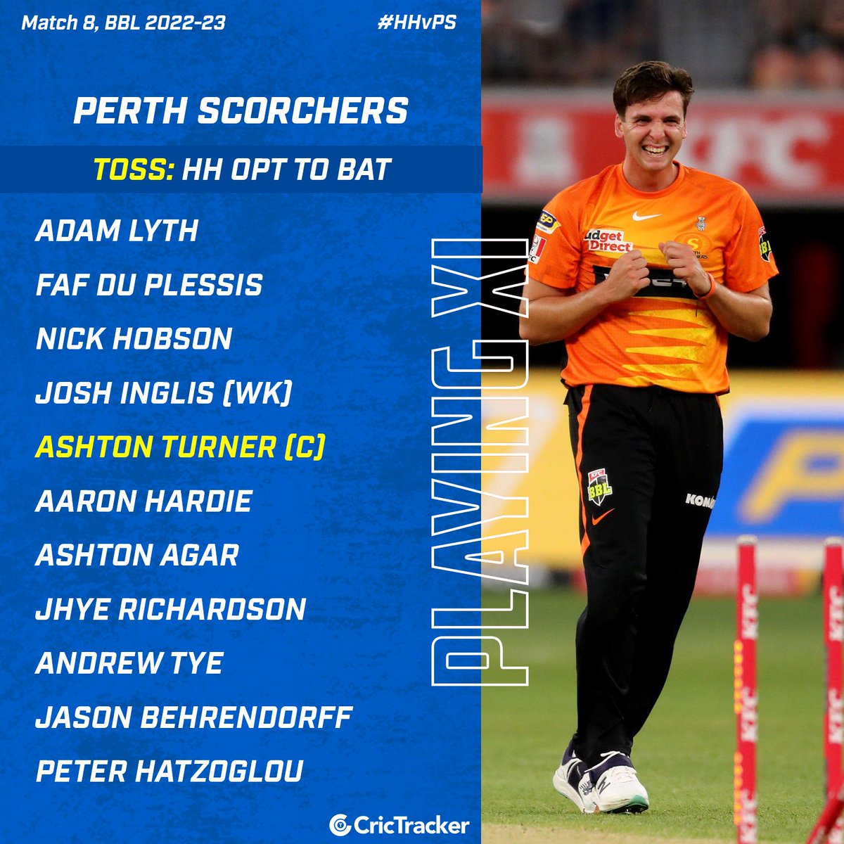 Cricketracker's tweet photo. Hobart Hurricanes have won the toss and have opted to bat first against Perth Scorchers.
#PerthScorchers #HobartHurricanes #HHvsPS #BBl12 #CricTracker https://t.co/wXLMFcoLbF