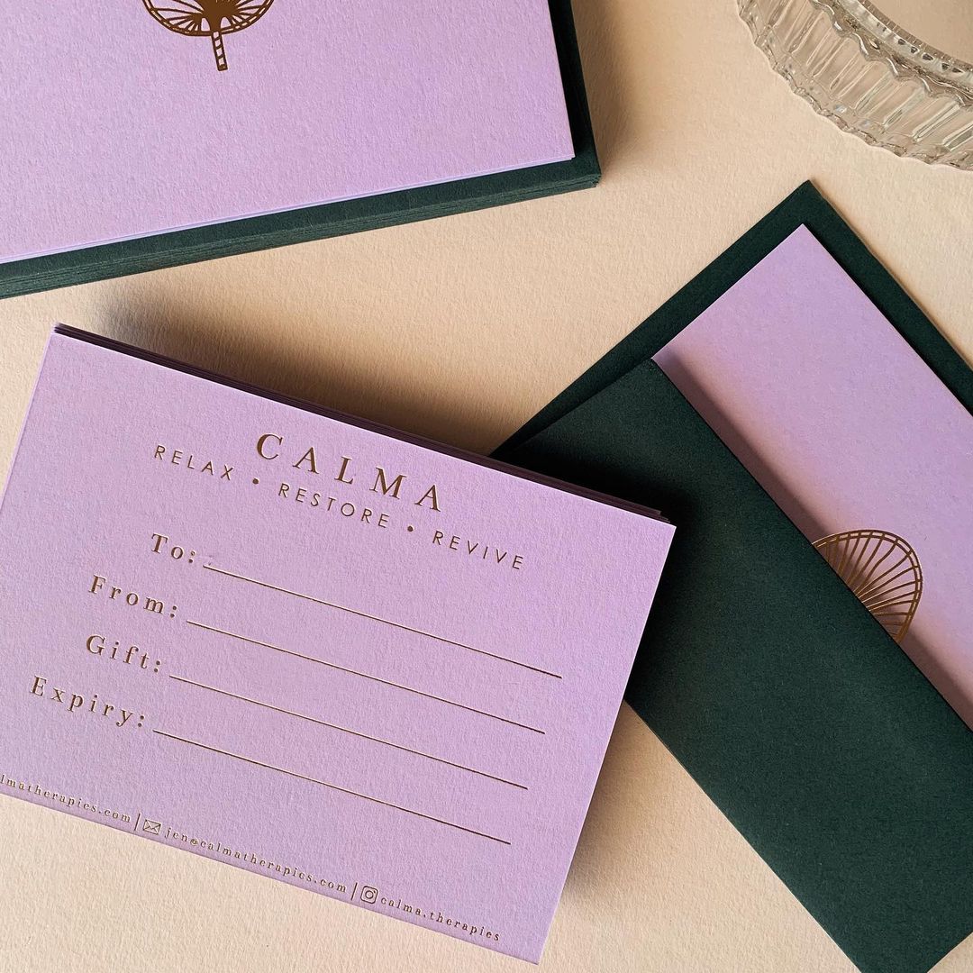 colorplanpapers's tweet photo. Colorplan Lavender 540gsm paired with Forest #ColorplanEnvelopes for Calma Therapies' gift vouchers, produced by The Dairy Studio. https://t.co/RwSphFJWad