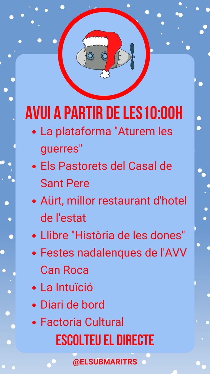🕙Embarquem a les 10h amb <a href="/AturemLaGuerra/">PAG</a>, <a href="/casalstpere/">Casal de Sant Pere</a>, <a href="/SalaCrespi/">SalaCrespi</a>, <a href="/qollunaka/">Qollunaka</a>, <a href="/PAMTeatre/">PAM teatre</a>, <a href="/AVpobleSPere/">AV Antic Poble Sant Pere</a>, <a href="/aurtrestaurant/">A Ü R T</a>, <a href="/OmniaBooks/">OmniaBooks Editorial</a> i <a href="/avcanroca/">A.V. Can Roca</a>💬 Seguim a les 11h amb Tania Nieves, #DiarideBord i <a href="/CculturalTR/">CCTR</a> 💥No t'ho perdis!