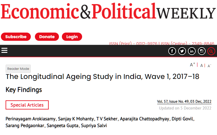 Key findings from Longitudinal Ageing Study in India - LASI wave 1 : 

Check this paper: epw.in/journal/2022/4…