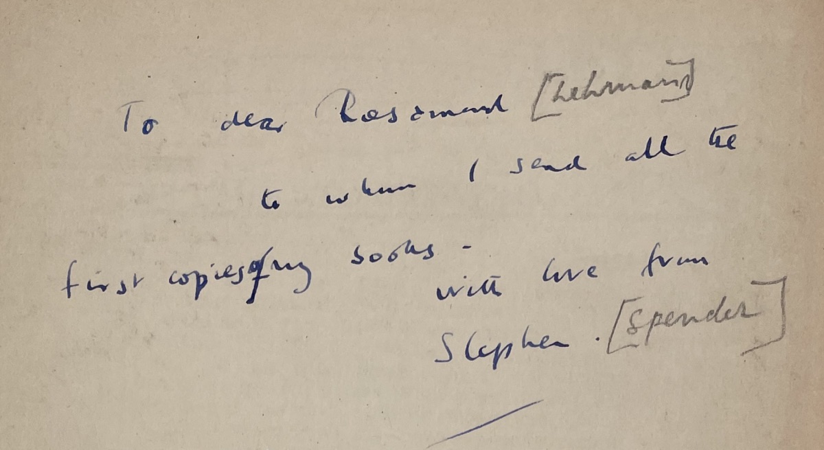 “To dear Rosamond/ to whom I send all the/ first copies of my books -/ with love from/ Stephen” inscribed by Stephen Spender in 'The Creative Element: A study of vision, despair and orthodoxy among some modern writers' (1st ed. 1953) #RosamondLehmann #signedbooks #booktwitter