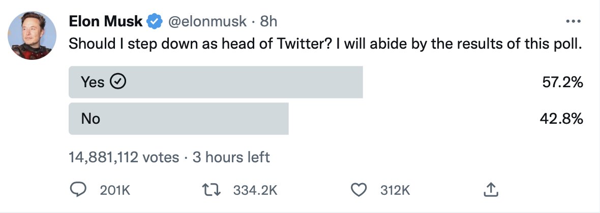I hope <a href="/elonmusk/">Elon Musk</a> will step down as head of Twitter! This will be good for Twitter, for the earth, and for humankind.