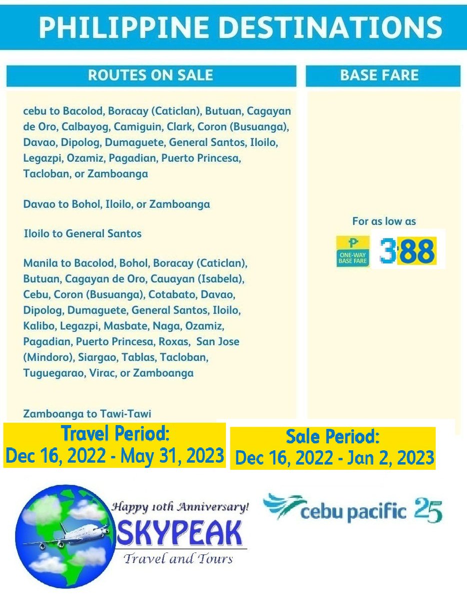 Cebu Pacific @CebuPacificAir Domestic Flights Seat Sale @ #Skypeak Travel & Tours visit our fb 4 details facebook.com/skypeaktravela… #CEBSeatSale #CEBSuperSeatFest #CEBSuperPass #EveryJuanWillFlyAgain #FlySafePH #MoreSmilesAhead #CEBTravels #JuanLove #LetsFlyJuansMore ✈️